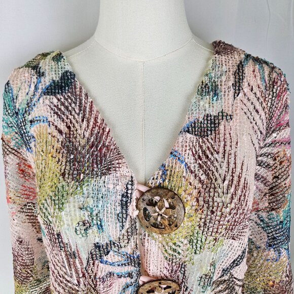 Soft Surroundings Cropped Cardigan Sweater Small Tropical Leaf Mesh-Weave Pink - Picture 4 of 11